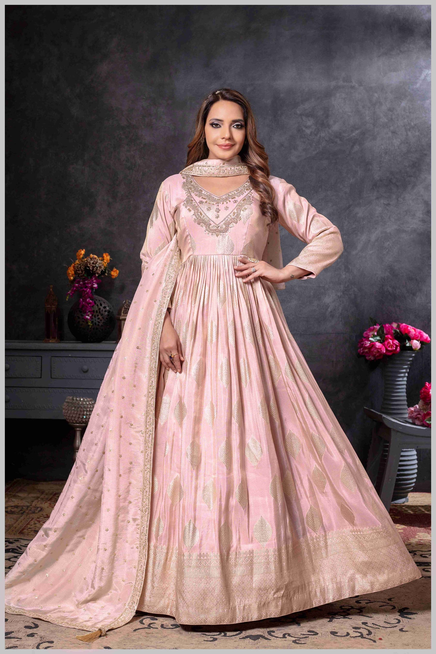 Baby Pink Gown with Golden Zari Weaving & Embroidered Dupatta