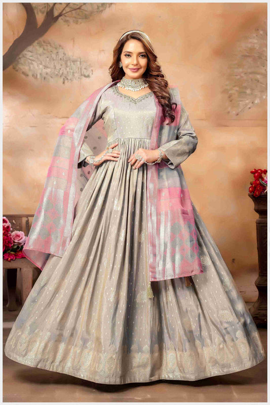 Elegant Light Grey Anarkali Gown with Dupatta.