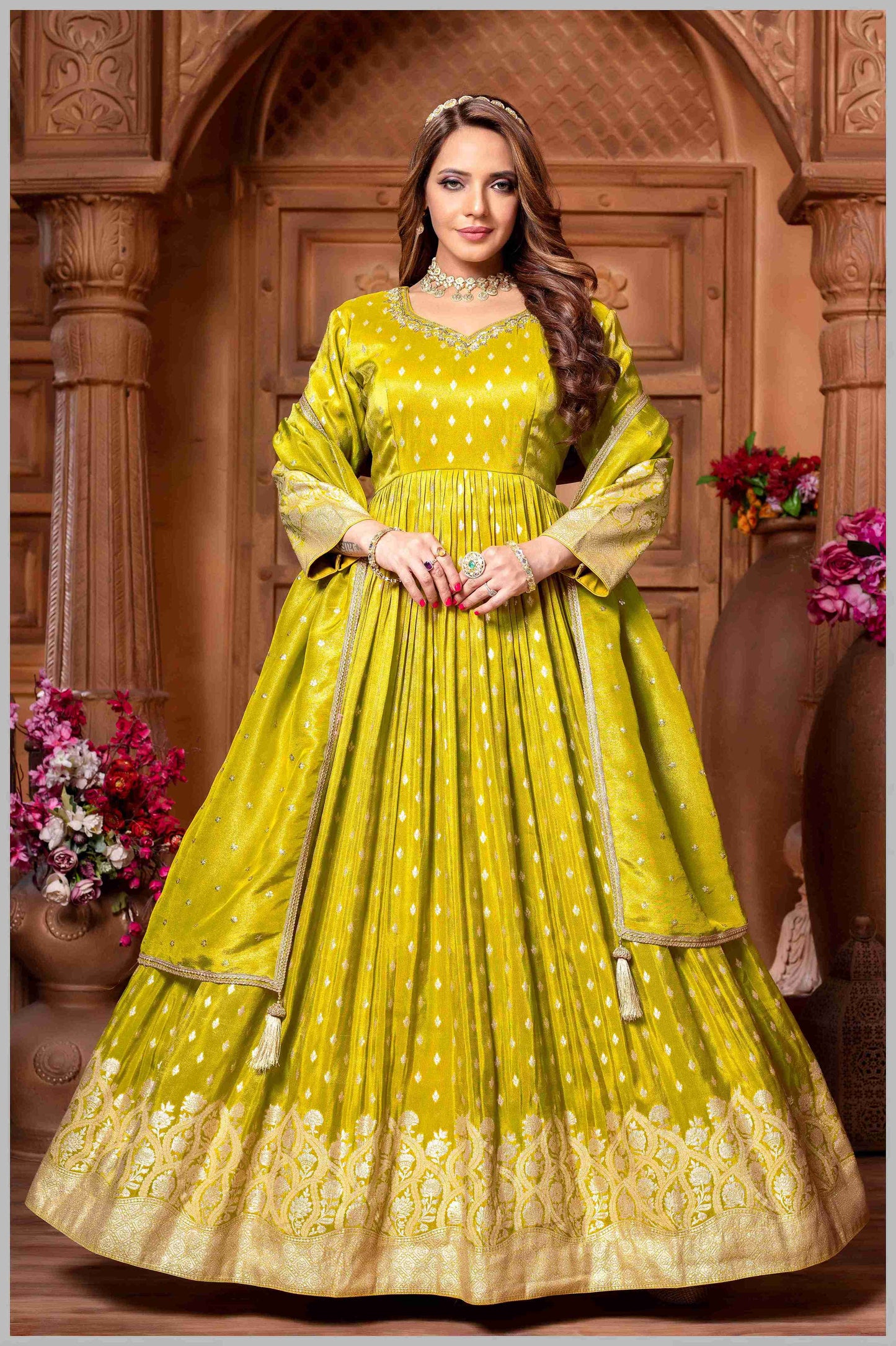 Radiate Grace in This Timeless Mehendi Tissue Silk Anarkali Gown