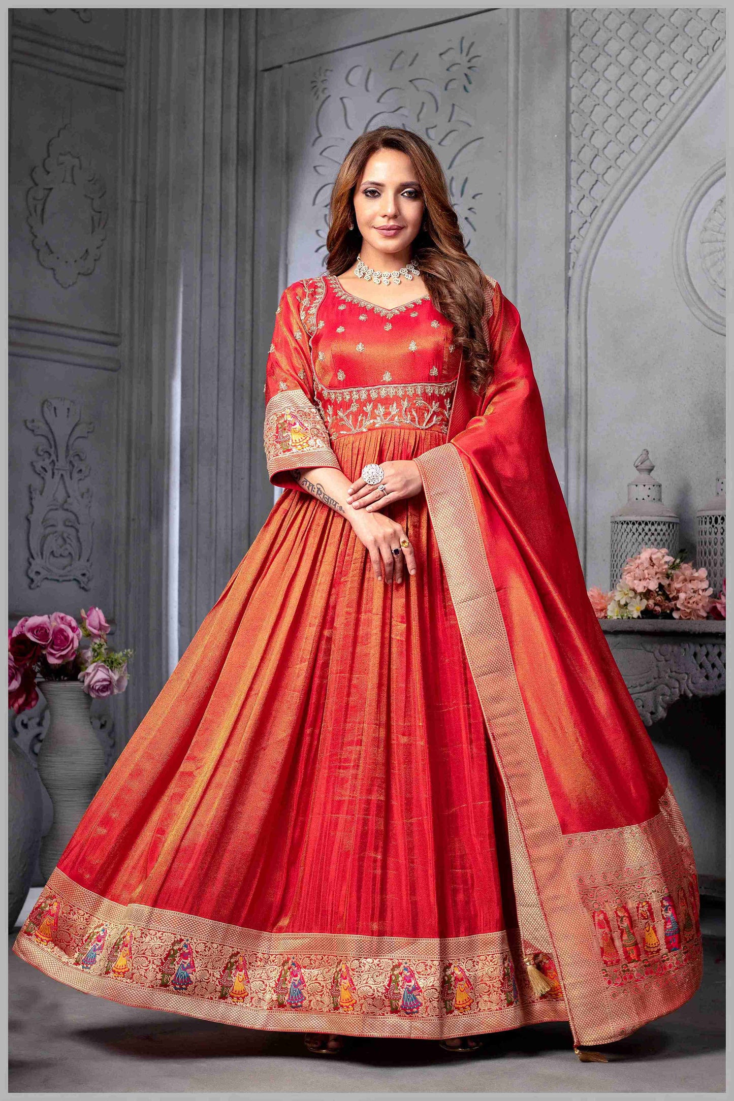 Red Anarkali with Folk Motif Silk Dupatta