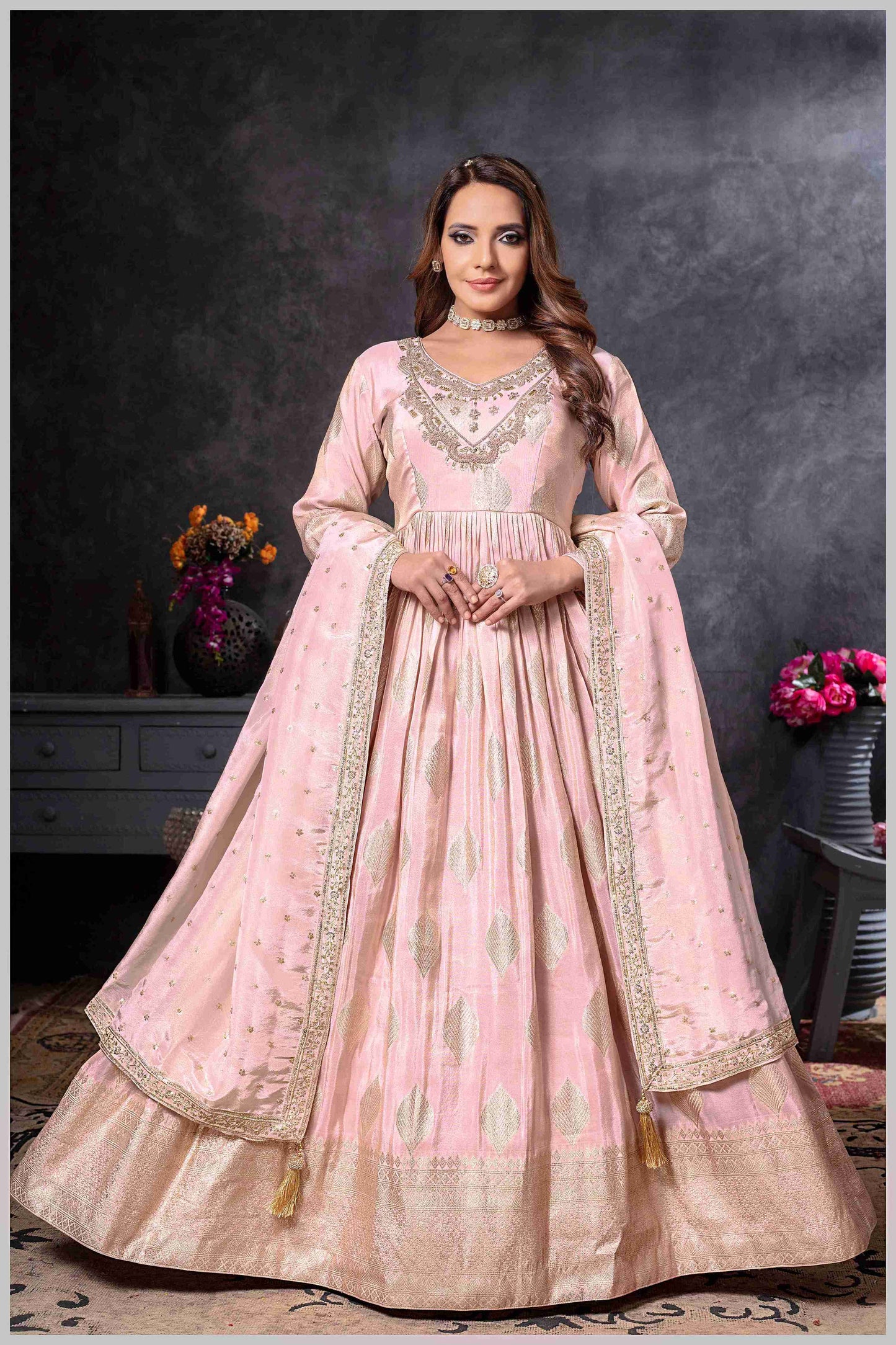 Baby Pink Gown with Golden Zari Weaving & Embroidered Dupatta