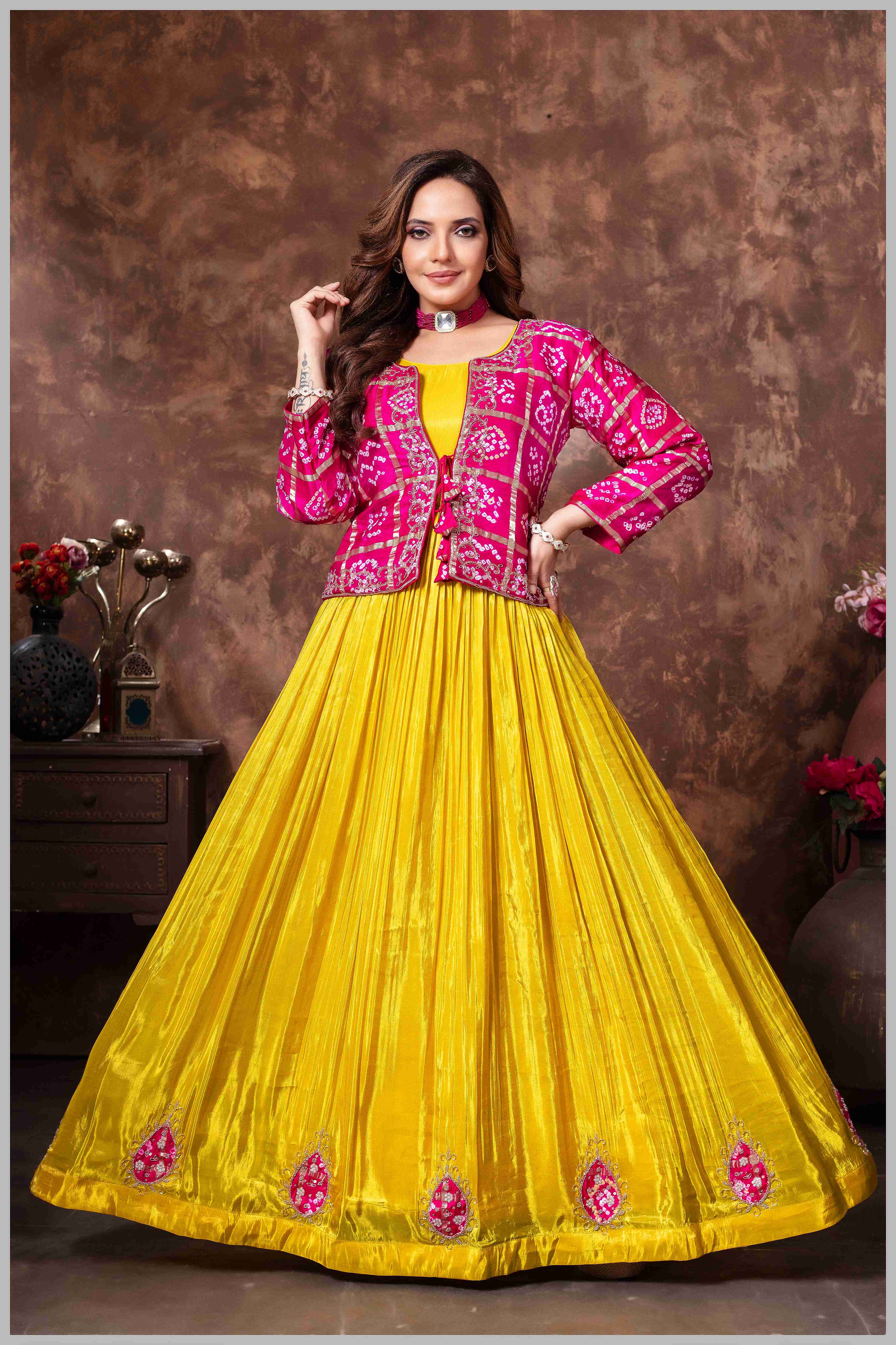 Mustard Tissue Anarkali with Pink Gajji Jacket