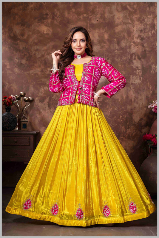 Mustard Tissue Anarkali with Pink Gajji Jacket
