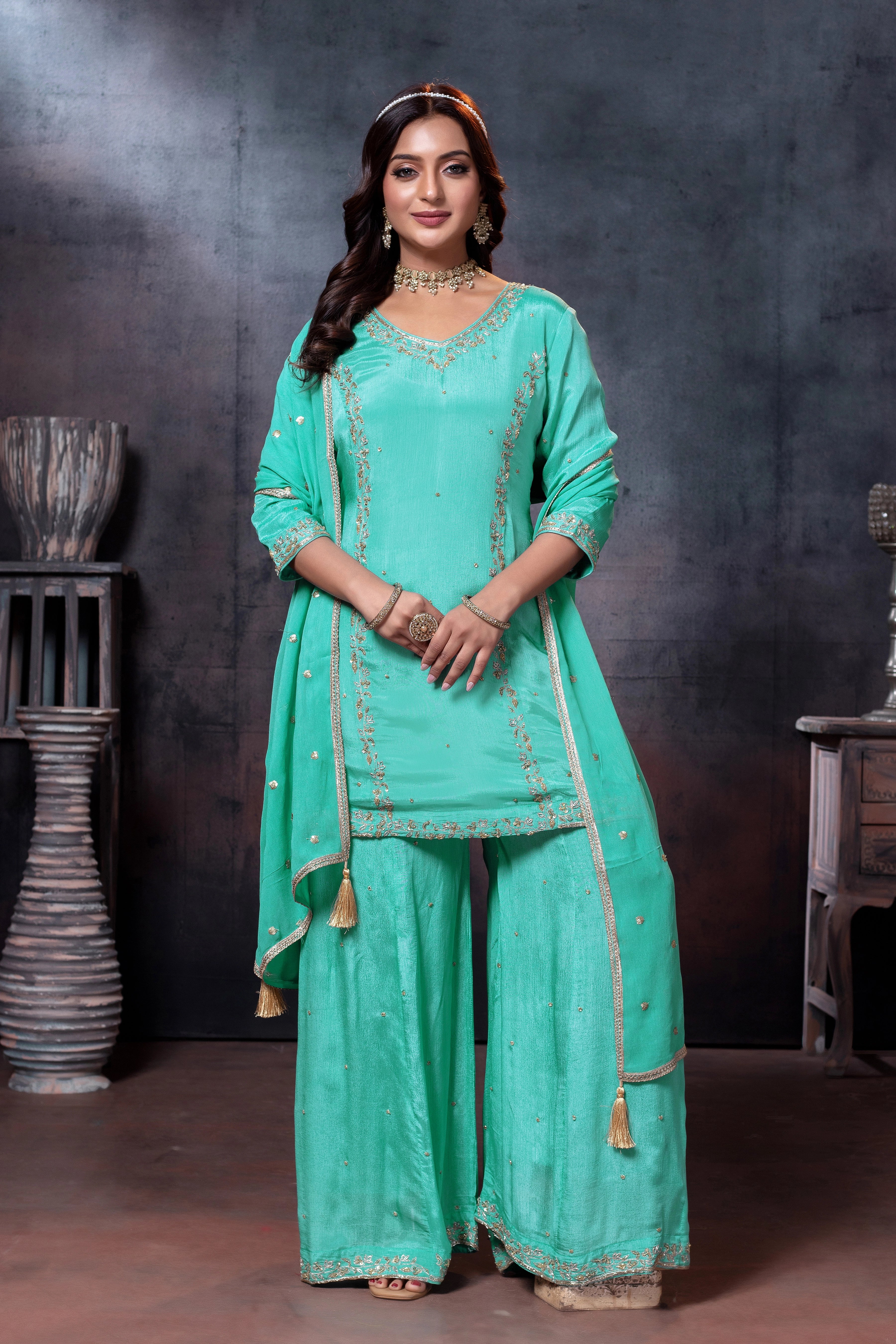 Zardozi Work Kurta Palazzo Set with Dupatta