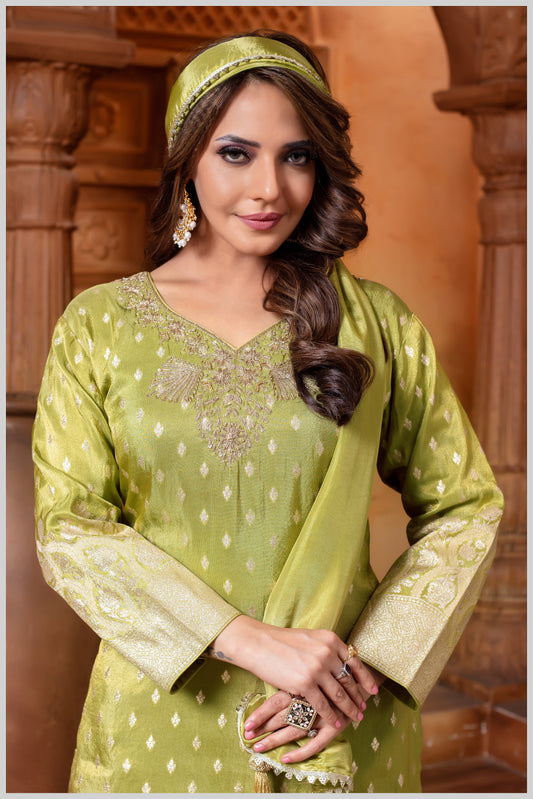 Mehendi Green Tissue Silk Plazo Set with Golden Zari Accents