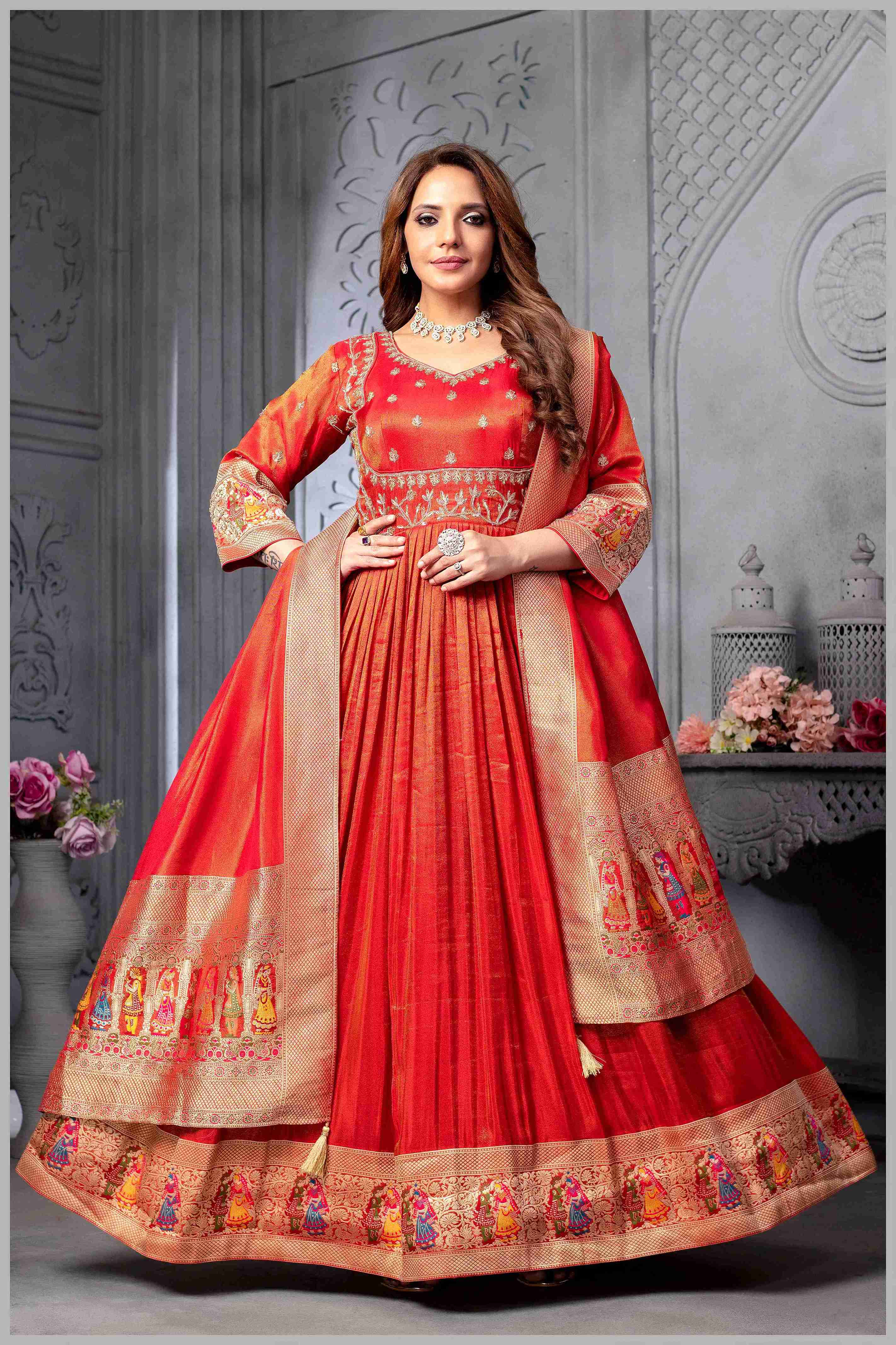 Red Anarkali with Folk Motif Silk Dupatta