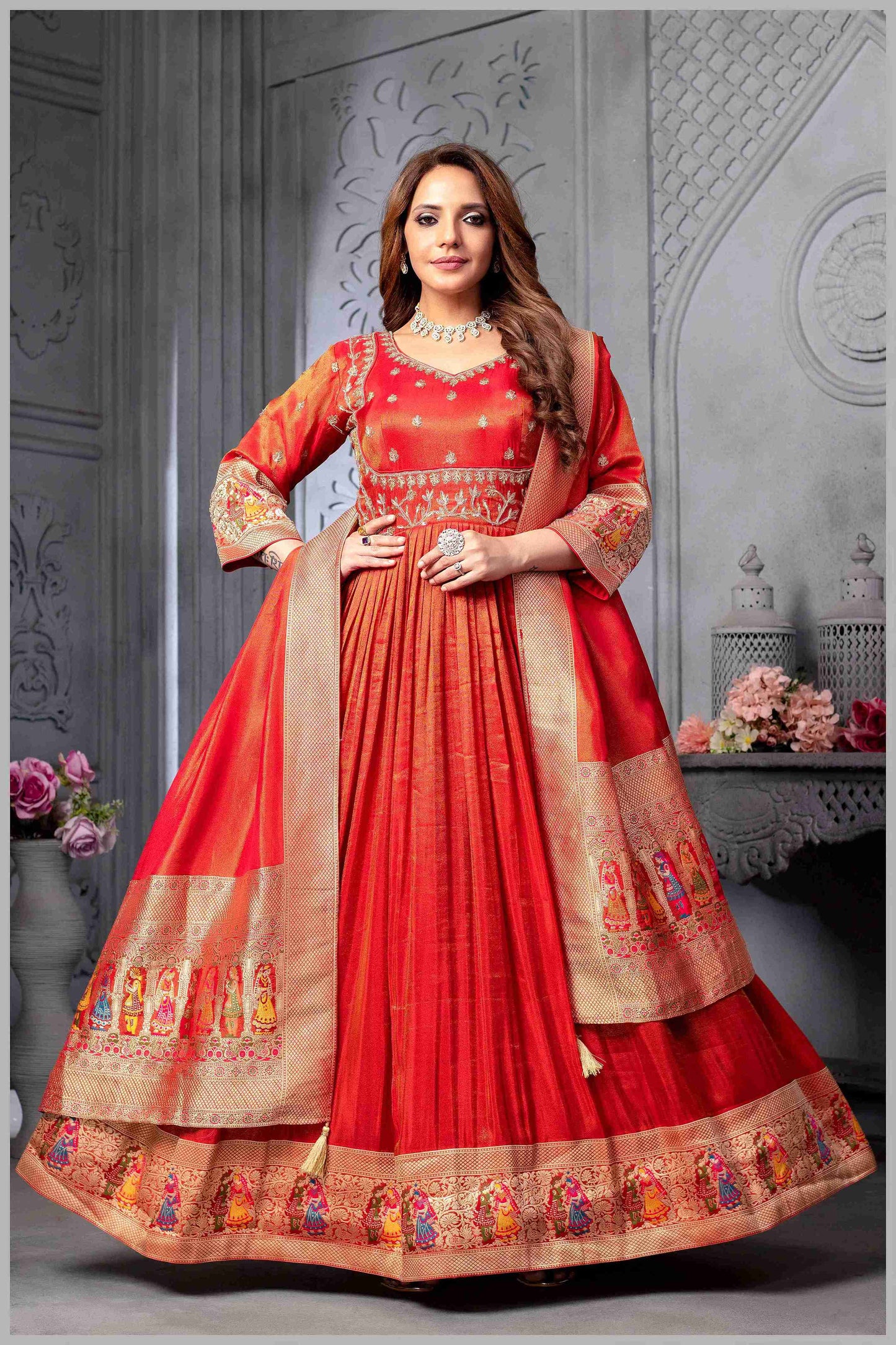 Red Anarkali with Folk Motif Silk Dupatta