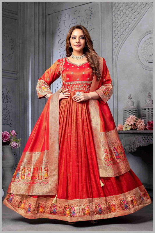 Red Anarkali with Folk Motif Silk Dupatta