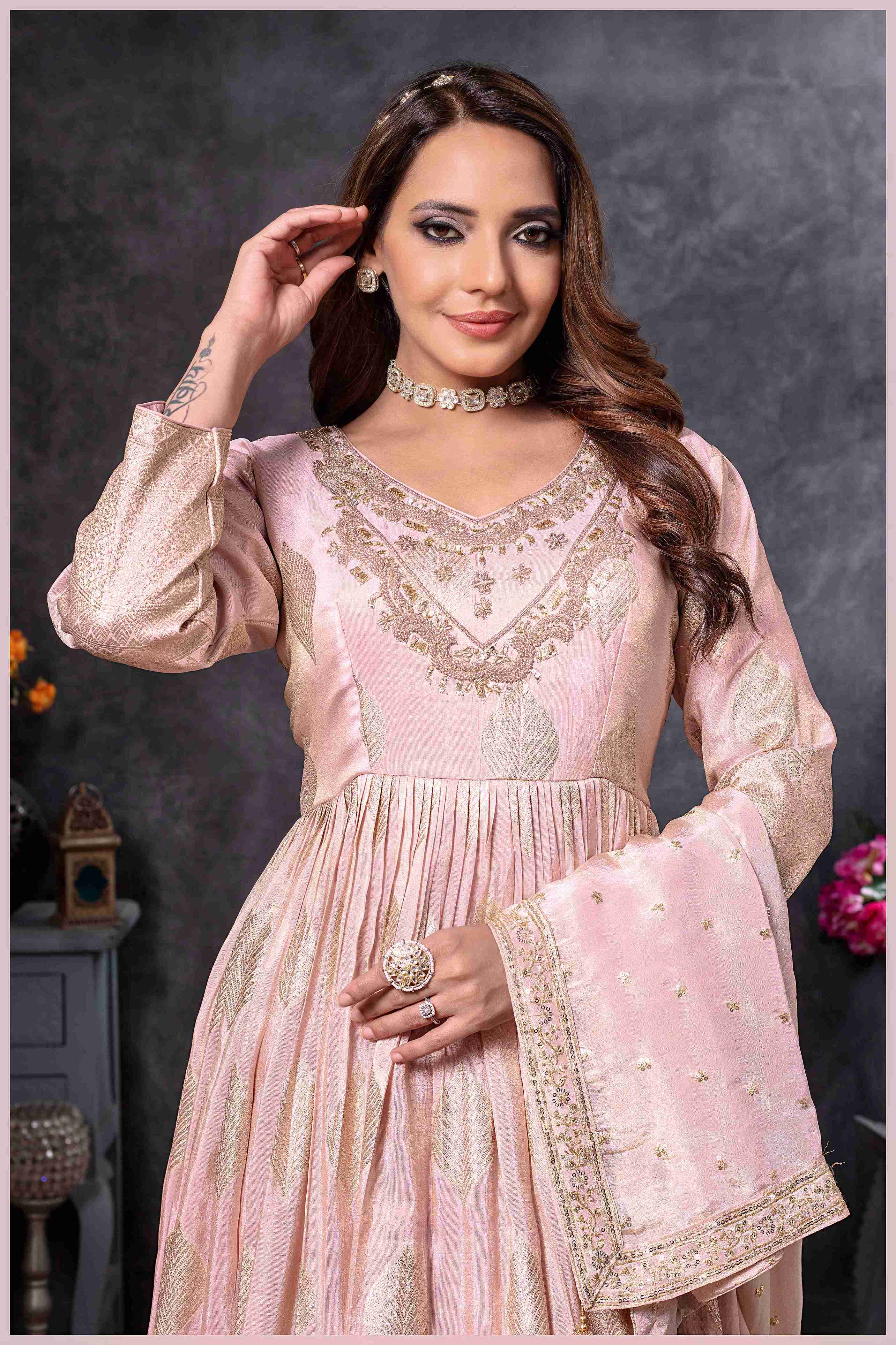 Baby Pink Gown with Golden Zari Weaving & Embroidered Dupatta L Baby Pink Gown with Golden Zari Weaving & Embroidered Dupatta L