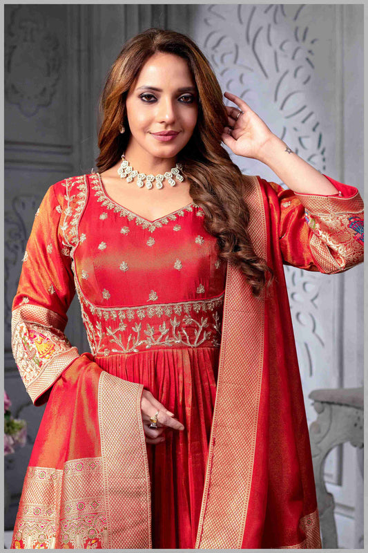 Red Anarkali with Folk Motif Silk Dupatta