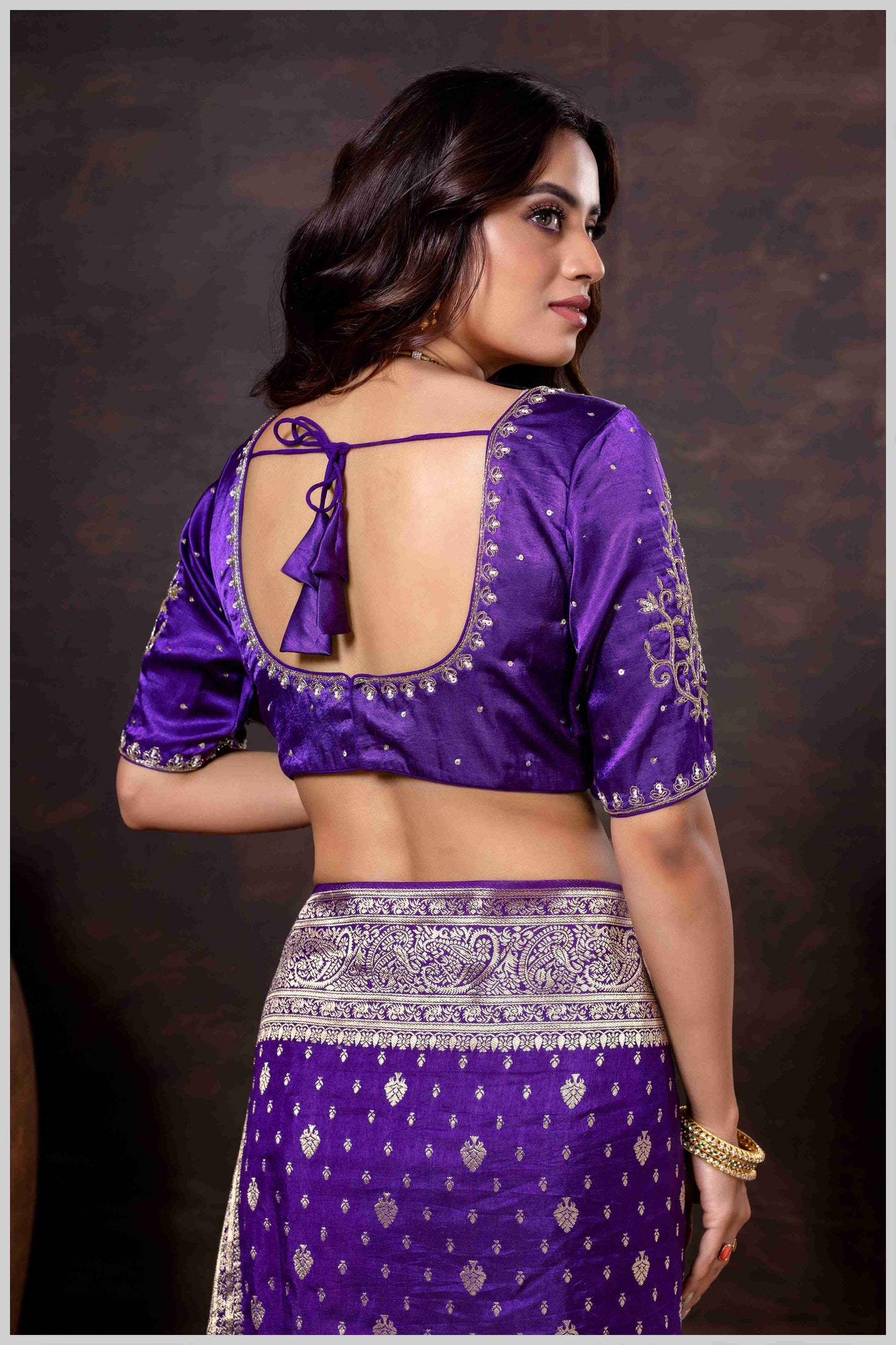 Vibrant purple Zari Banarasi Silk Saree with Embroidered Stitched Blouse