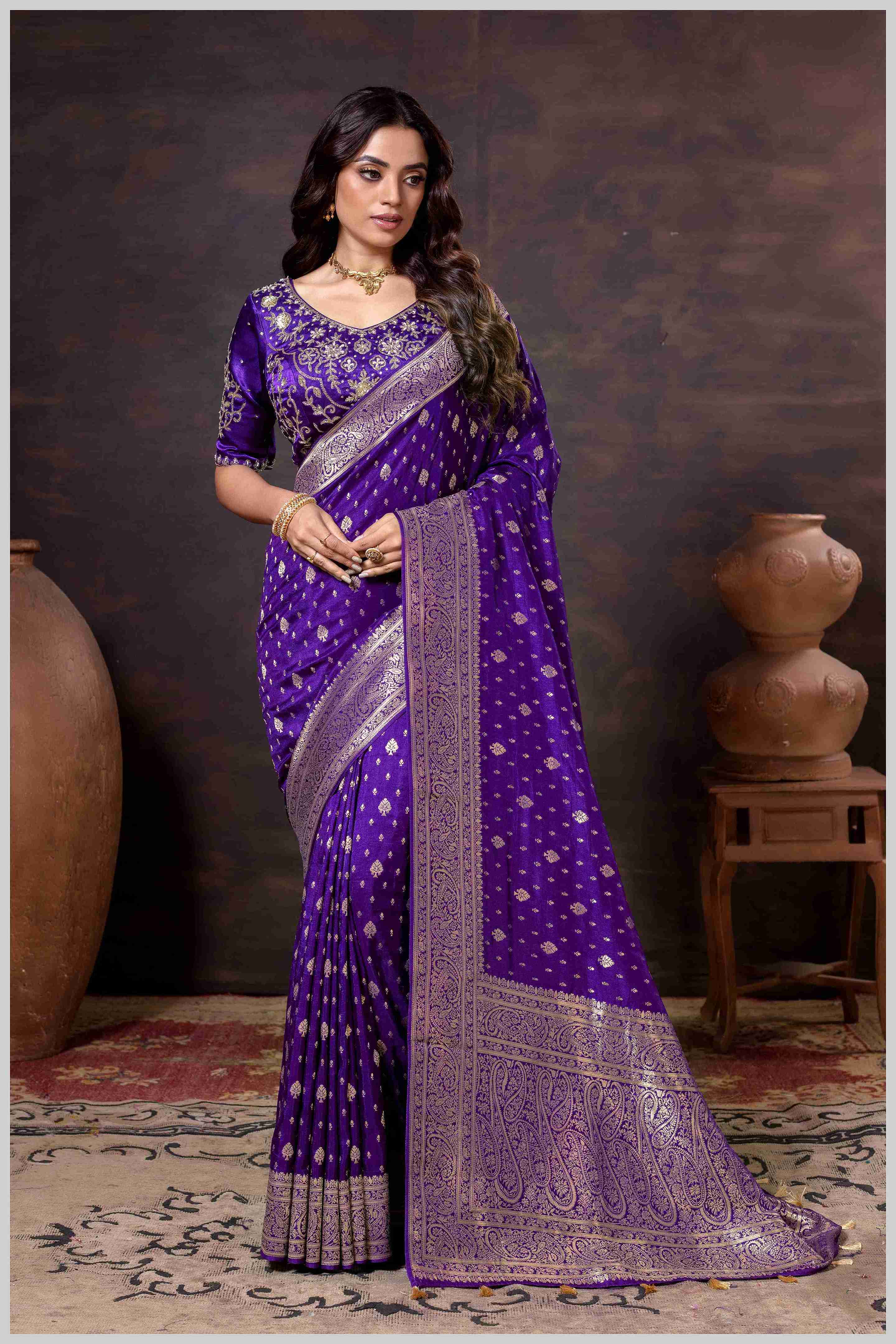 Vibrant purple Zari Banarasi Silk Saree with Embroidered Stitched Blouse