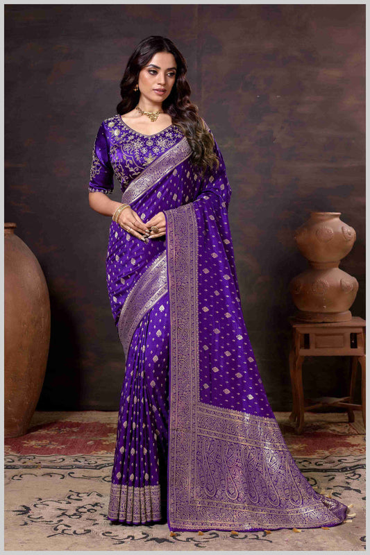 Vibrant purple Zari Banarasi Silk Saree with Embroidered Stitched Blouse