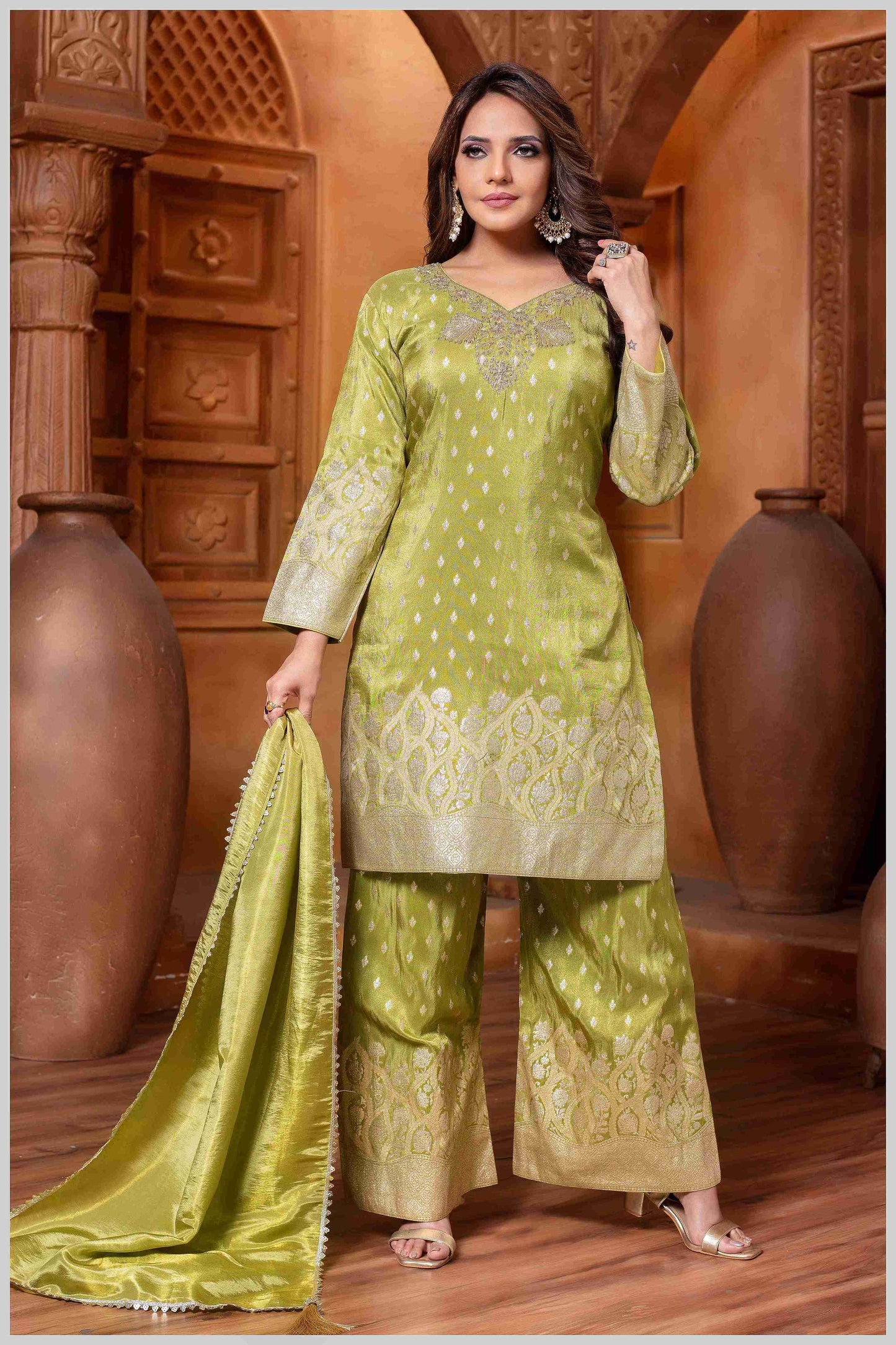 Mahendi Tissue Silk Plazo Set with Golden Zari Accents