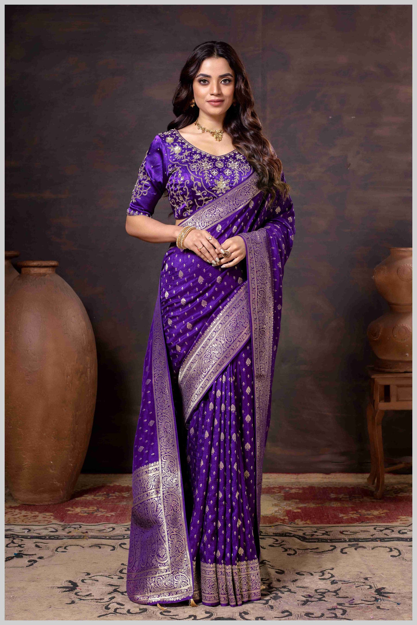 Vibrant purple Zari Banarasi Silk Saree with Embroidered Stitched Blouse
