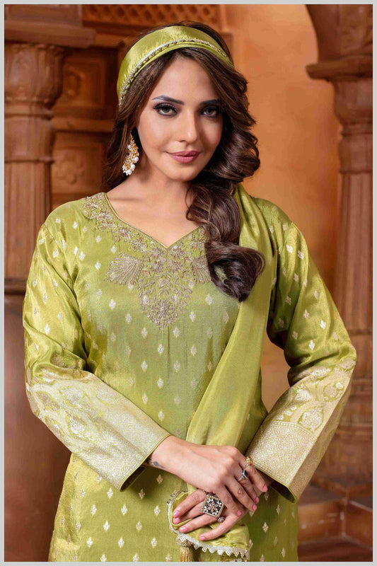 Mahendi Tissue Silk Plazo Set with Golden Zari Accents
