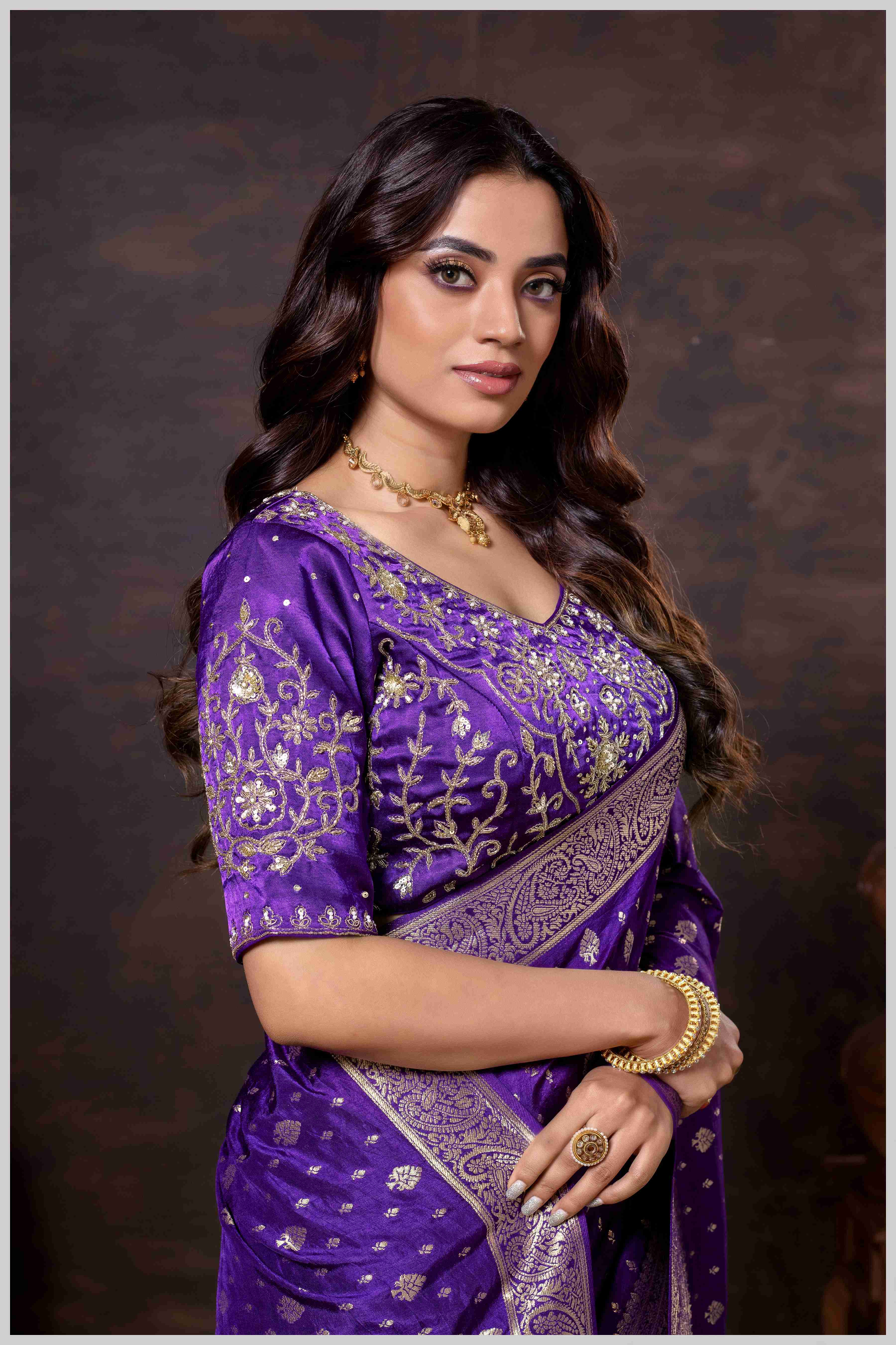 Vibrant purple Zari Banarasi Silk Saree with Embroidered Stitched Blouse