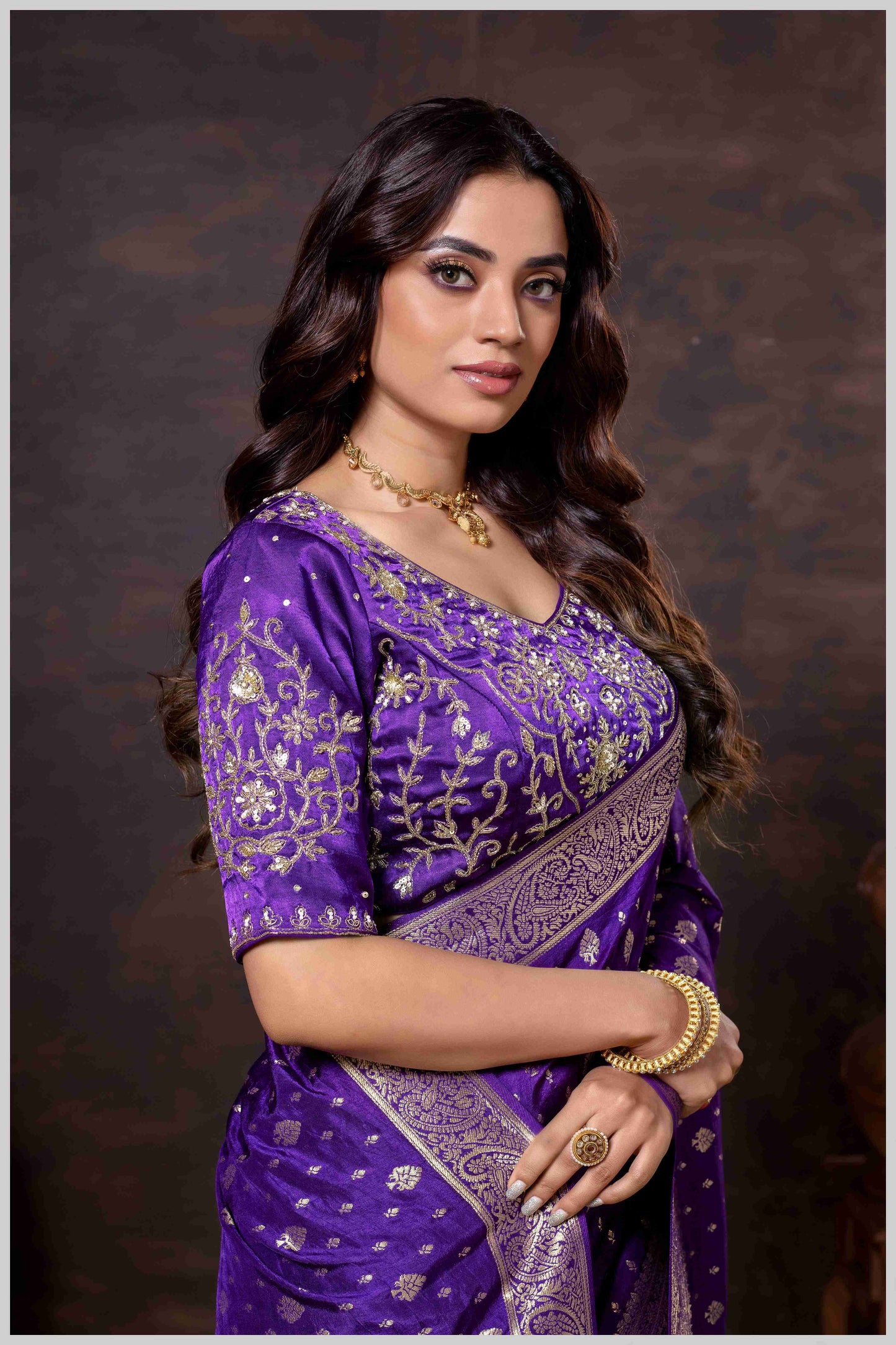 Vibrant purple Zari Banarasi Silk Saree with Embroidered Stitched Blouse
