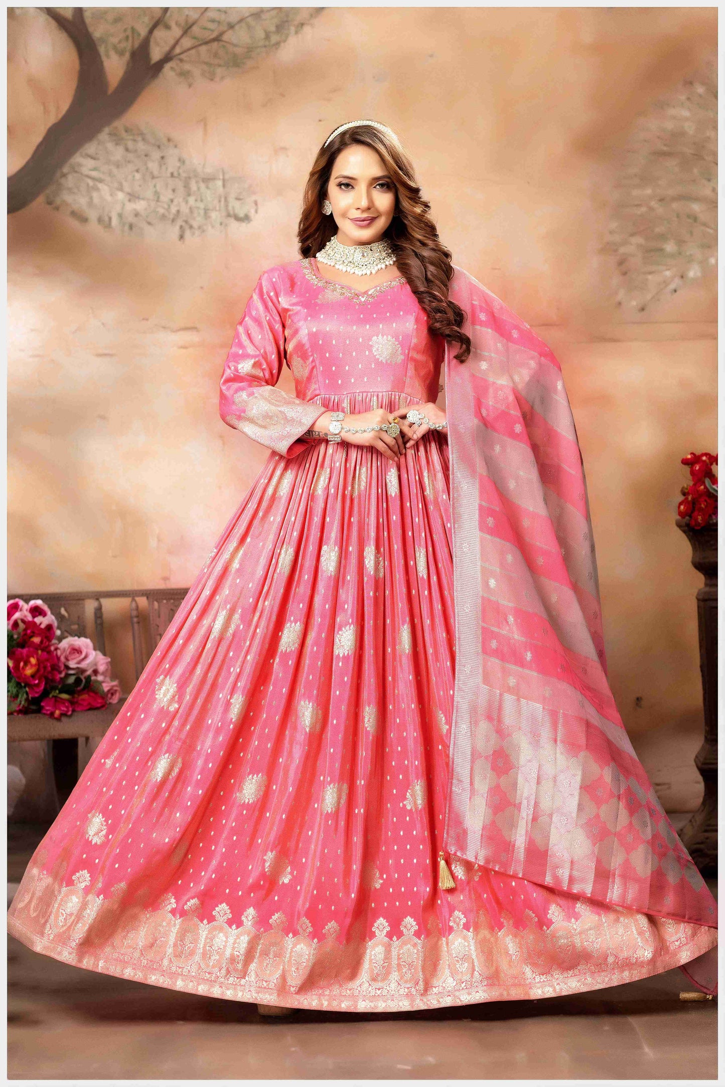Elegant Baby Pink Anarkali Gown with Dupatta.