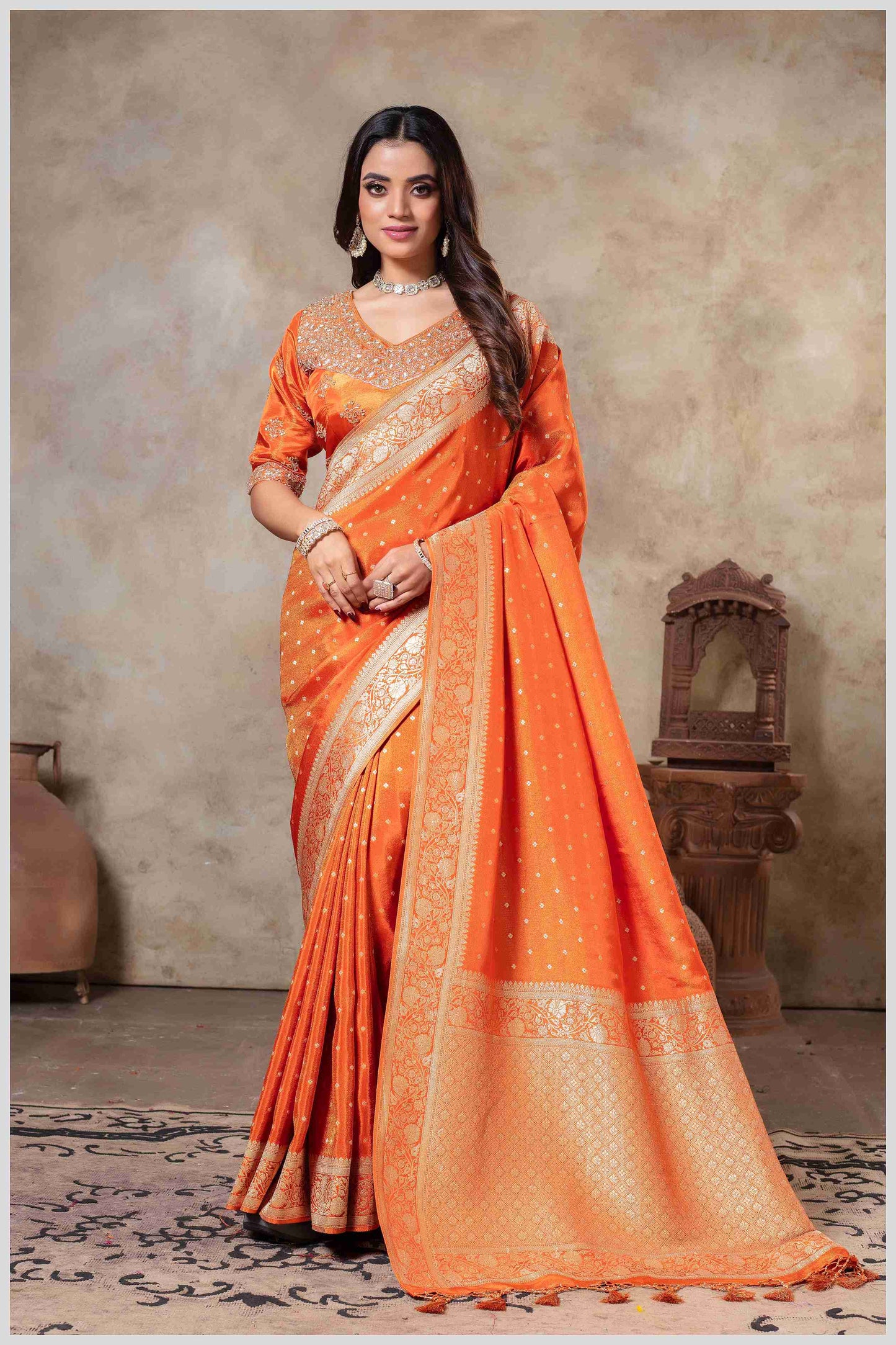 Orange Tissue Silk Saree with Golden Zari Weaving