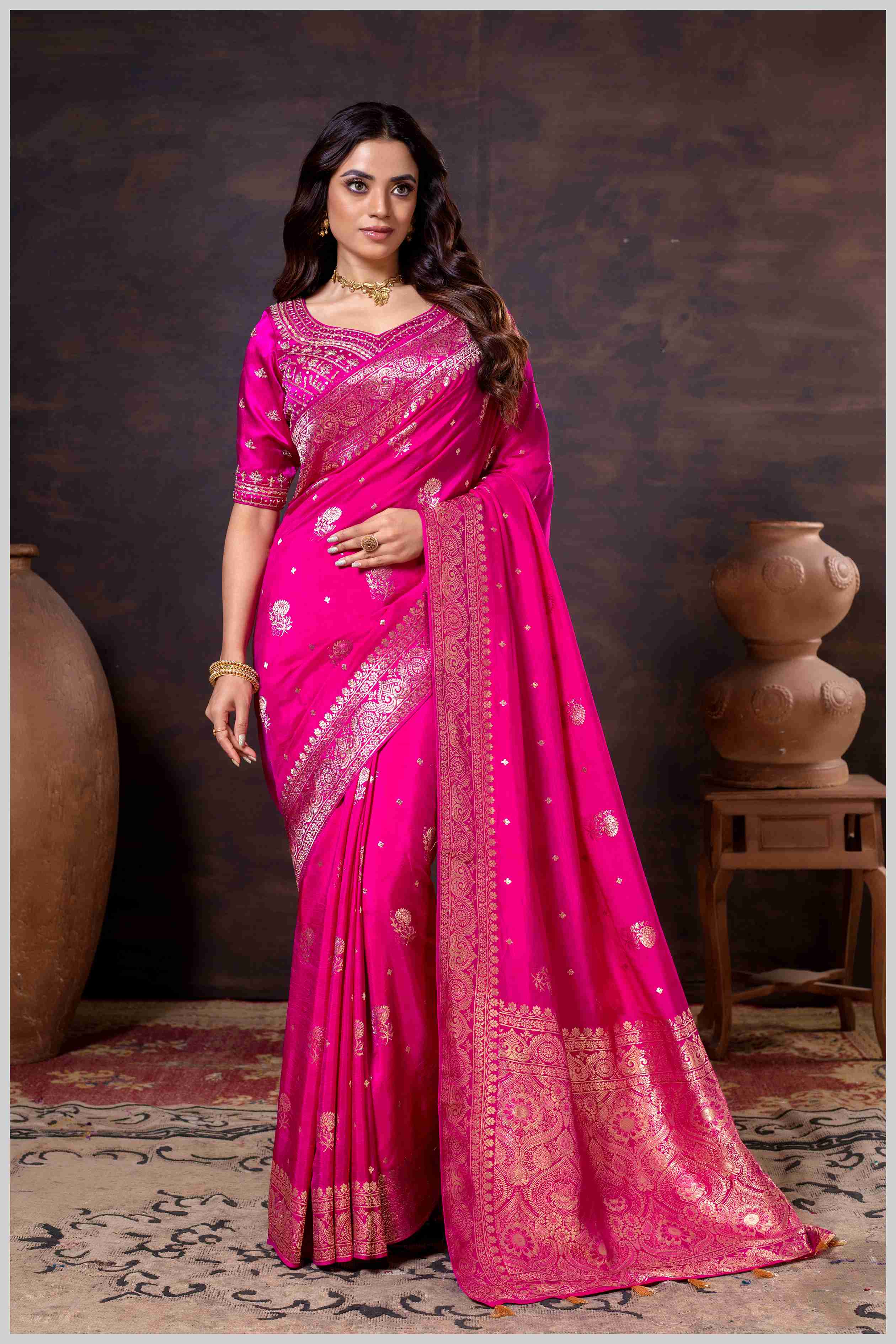 Majestic Dark Rani Crepe Silk With Zari Woven Saree.