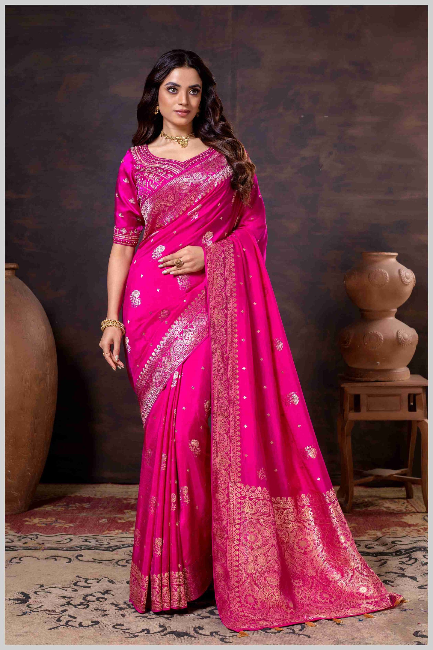 Majestic Dark Rani Crepe Silk With Zari Woven Saree.