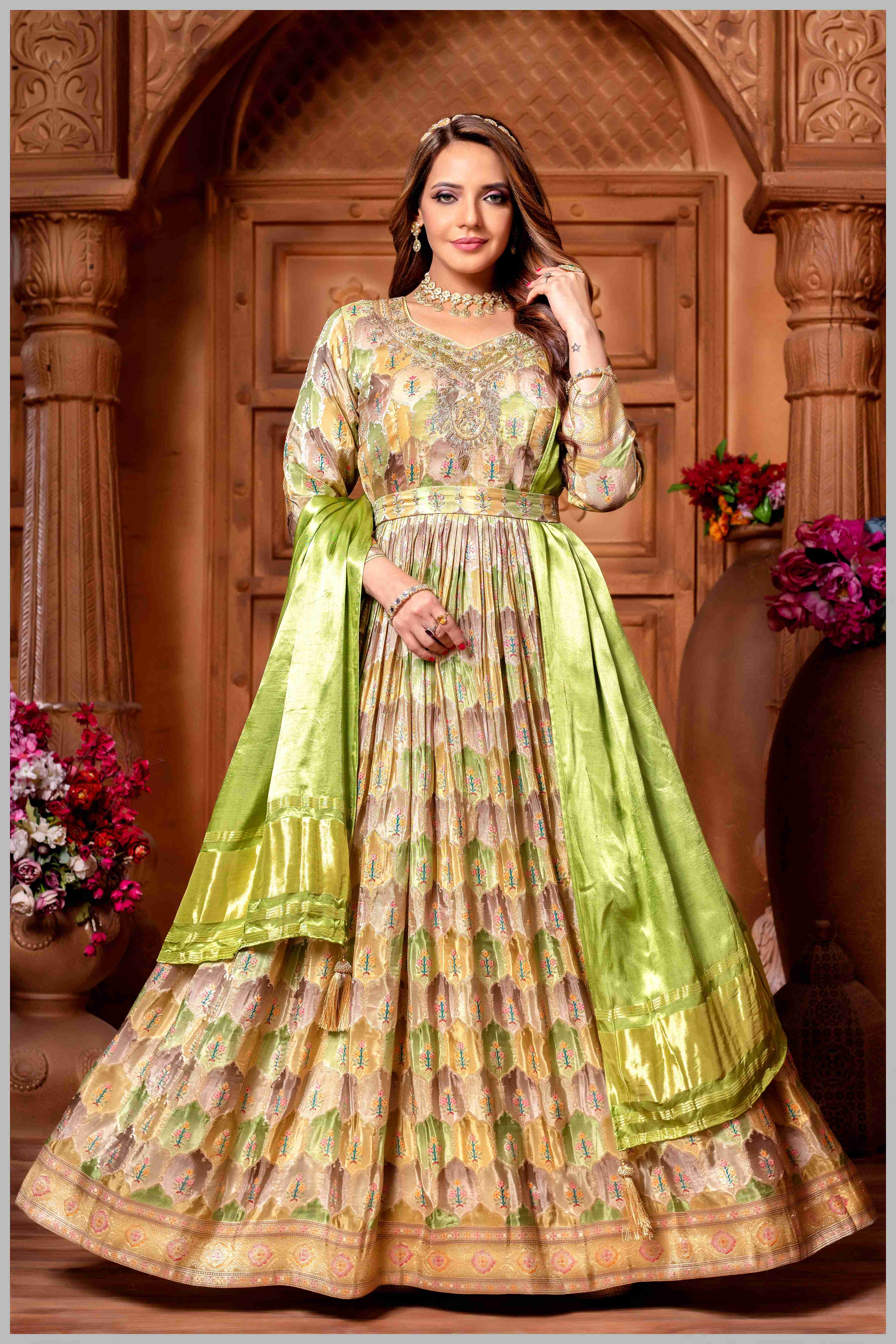 Pastel Woven Anarkali with Lime Green Silk Dupatta
