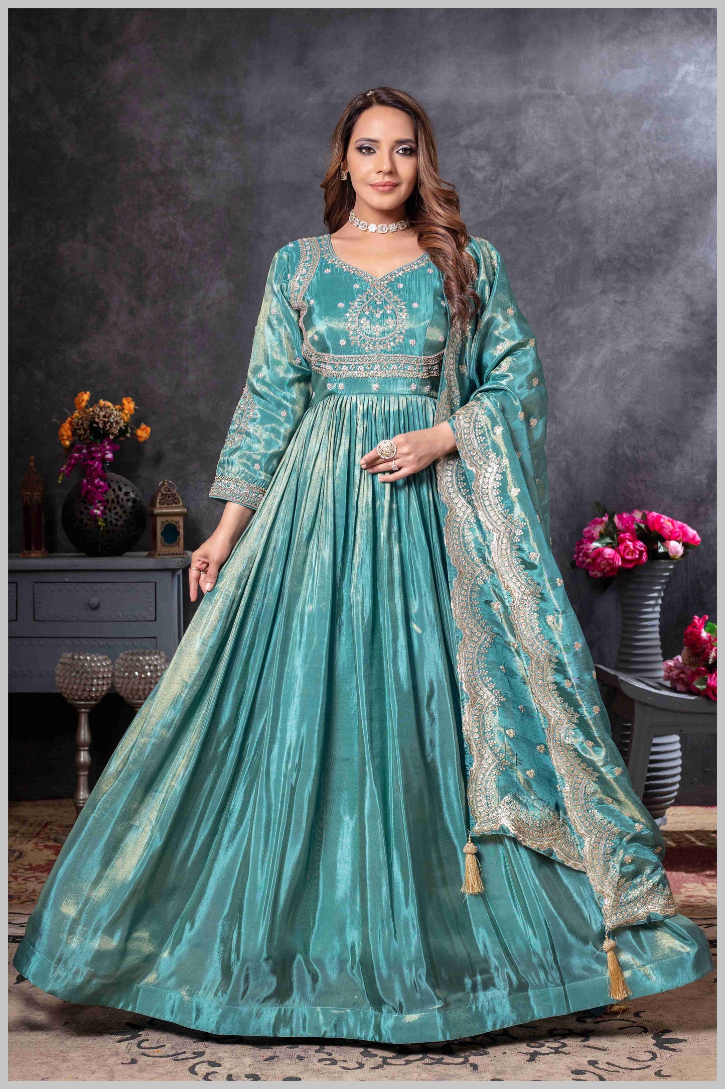 Teal Blue Gown with Zari and Dupatta