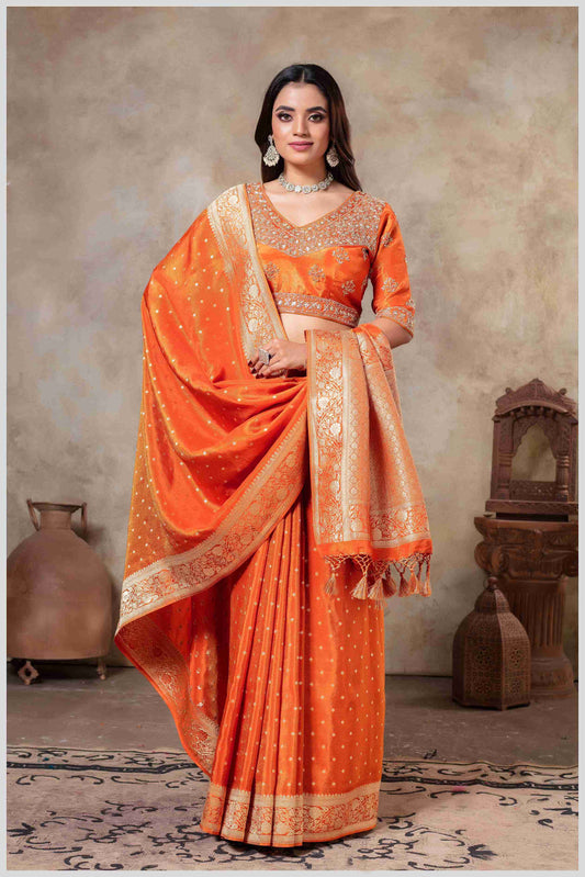 Orange Tissue Silk Saree with Golden Zari Weaving