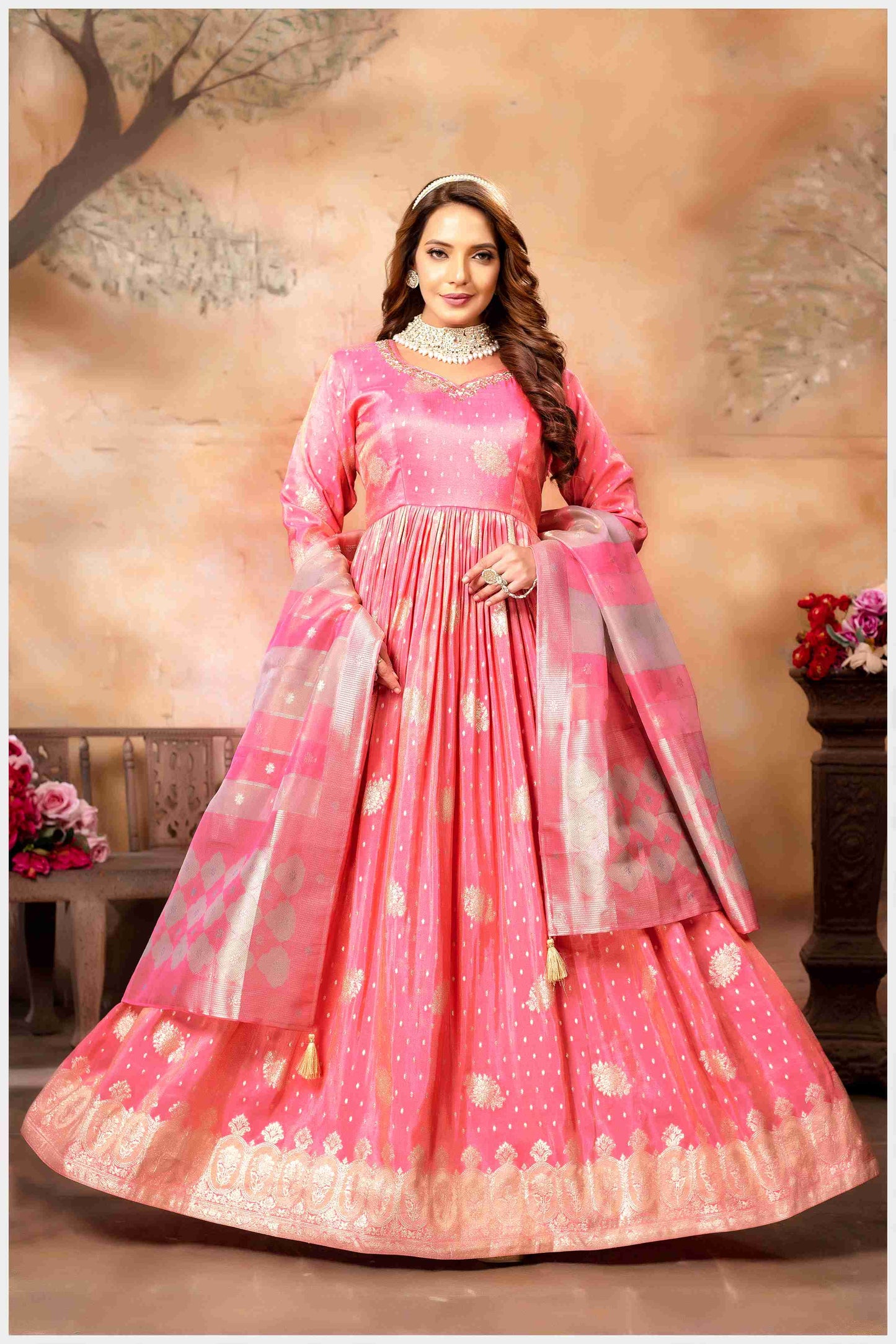 Elegant Baby Pink Anarkali Gown with Dupatta.