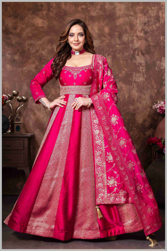 Pink & Beige Striped Gown with Embroidered Dupatta