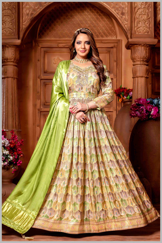 Pastel Woven Anarkali with Lime Green Silk Dupatta