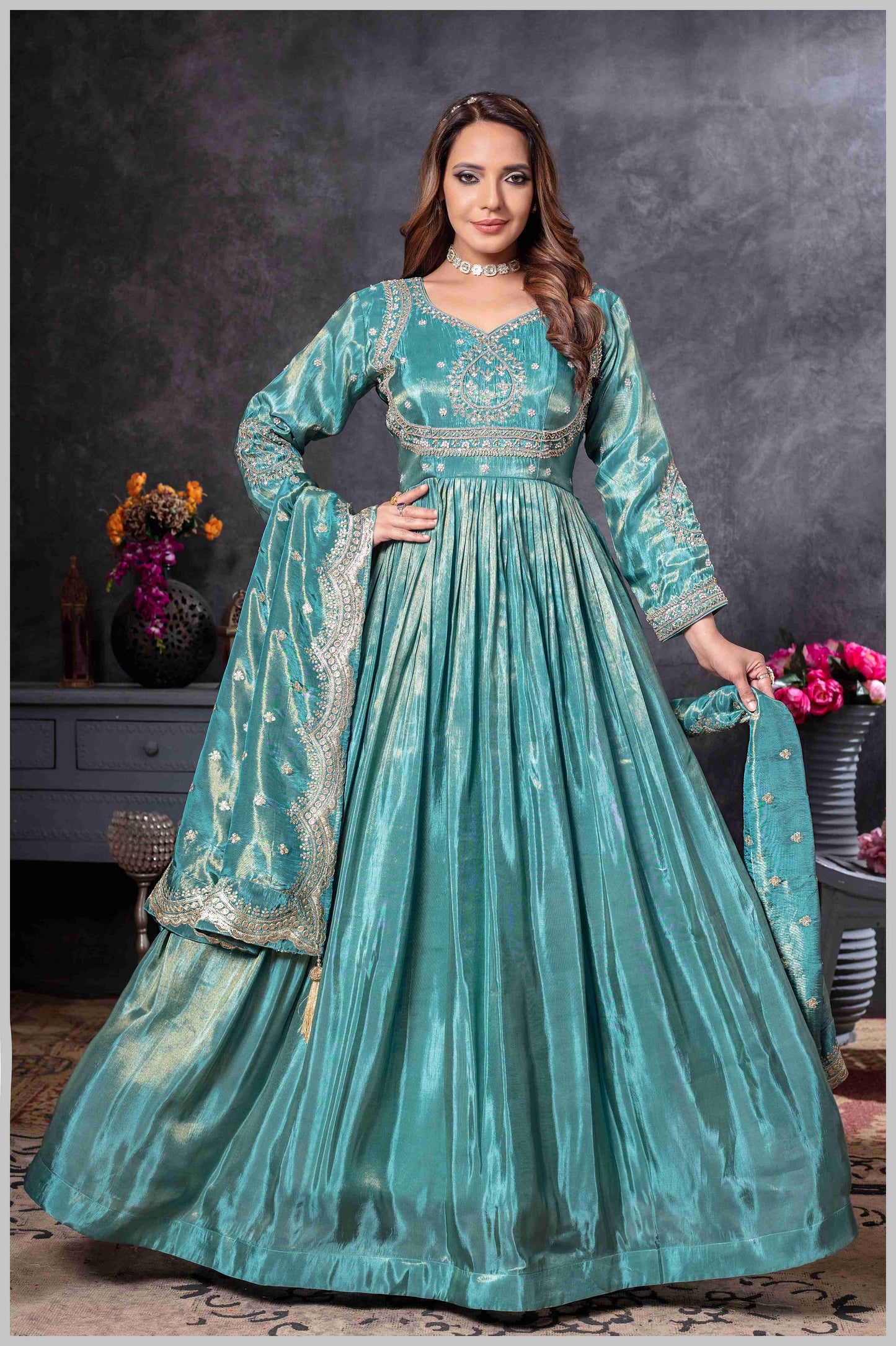 Teal Blue Gown with Zari and Dupatta