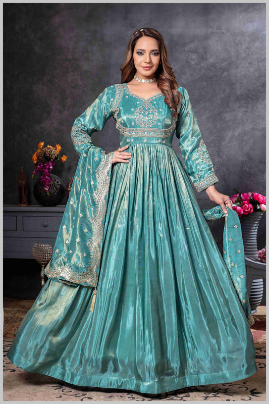 Teal Blue Gown with Zari and Dupatta