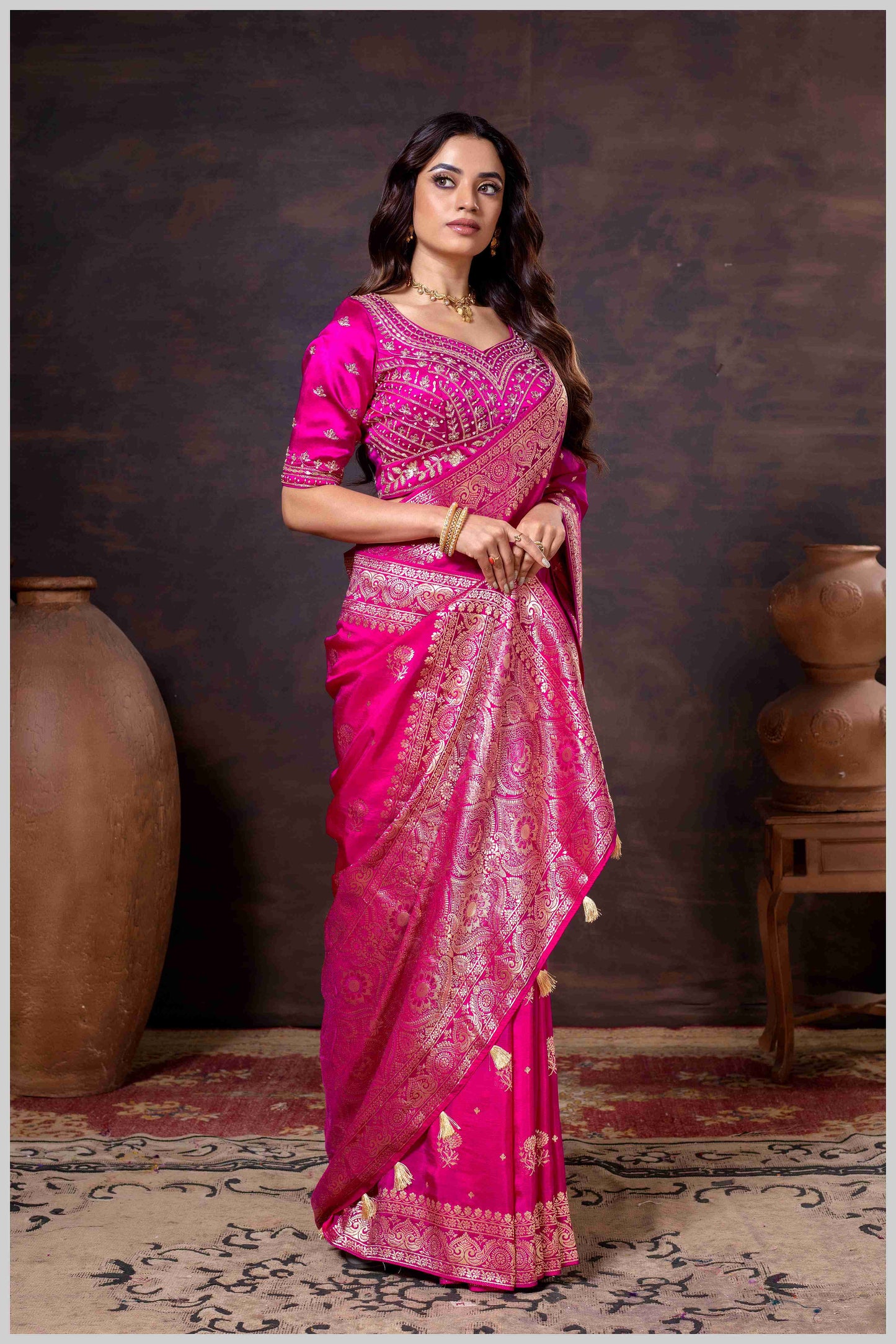 Majestic Dark Rani Crepe Silk With Zari Woven Saree.