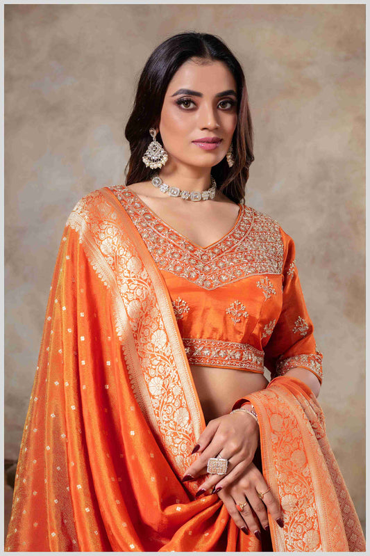 Orange Tissue Silk Saree with Golden Zari Weaving