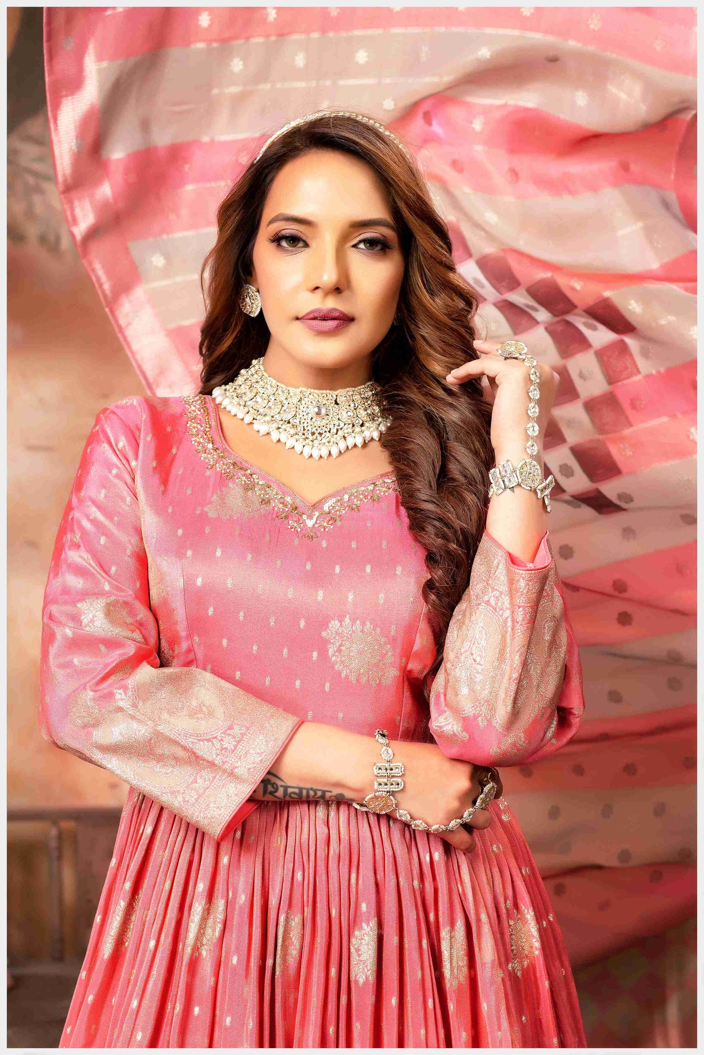 Elegant Baby Pink Anarkali Gown with Dupatta.