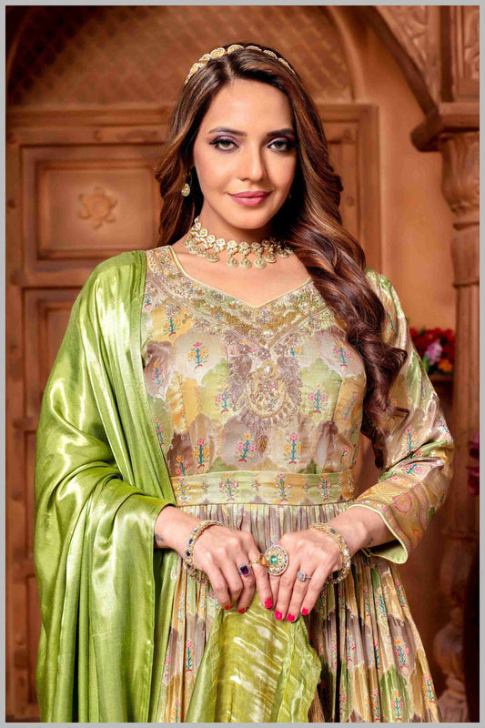 Pastel Woven Anarkali with Lime Green Silk Dupatta