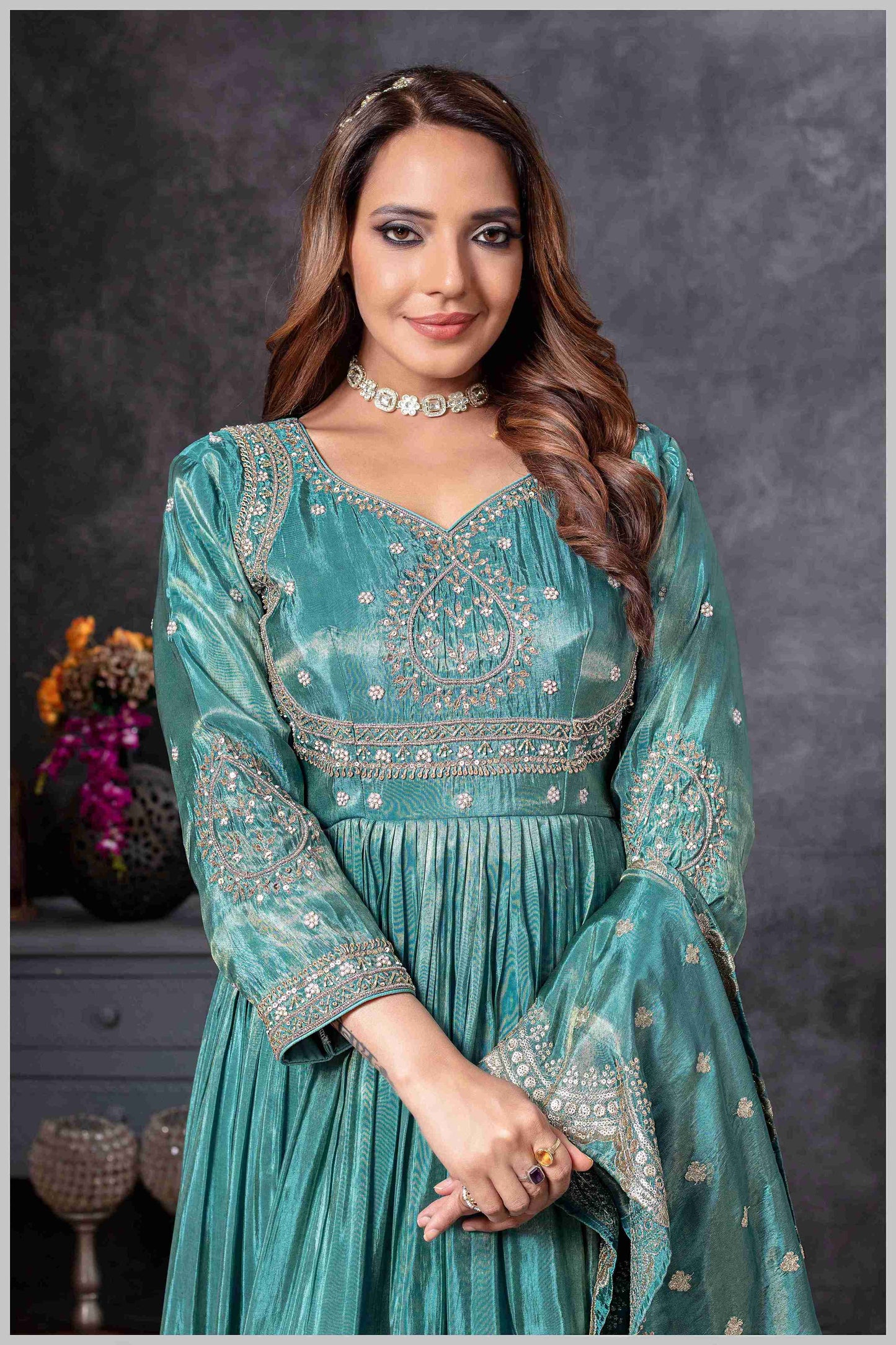 Teal Blue Gown with Zari and Dupatta