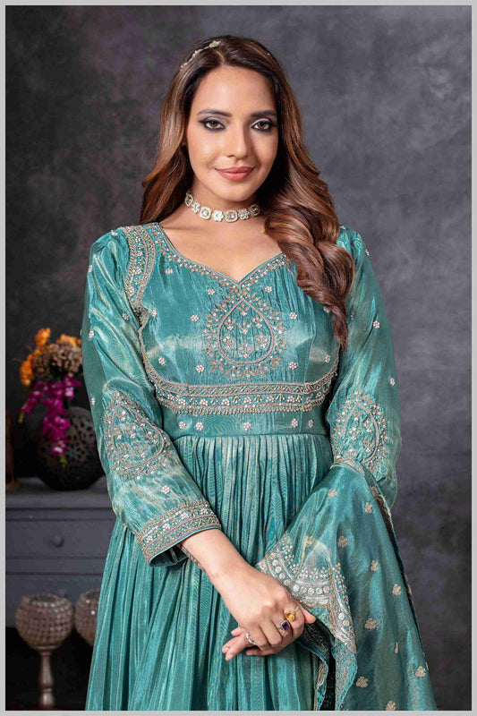 Teal Blue Gown with Zari and Dupatta