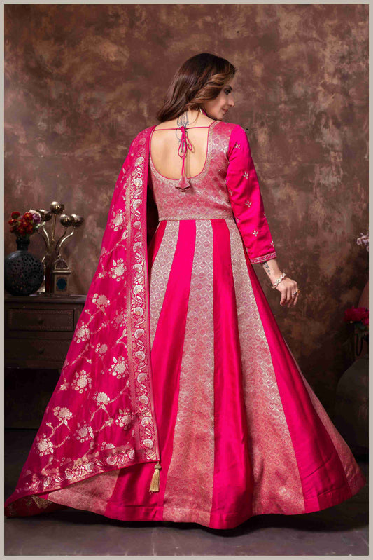 Pink & Beige Striped Gown with Embroidered Dupatta