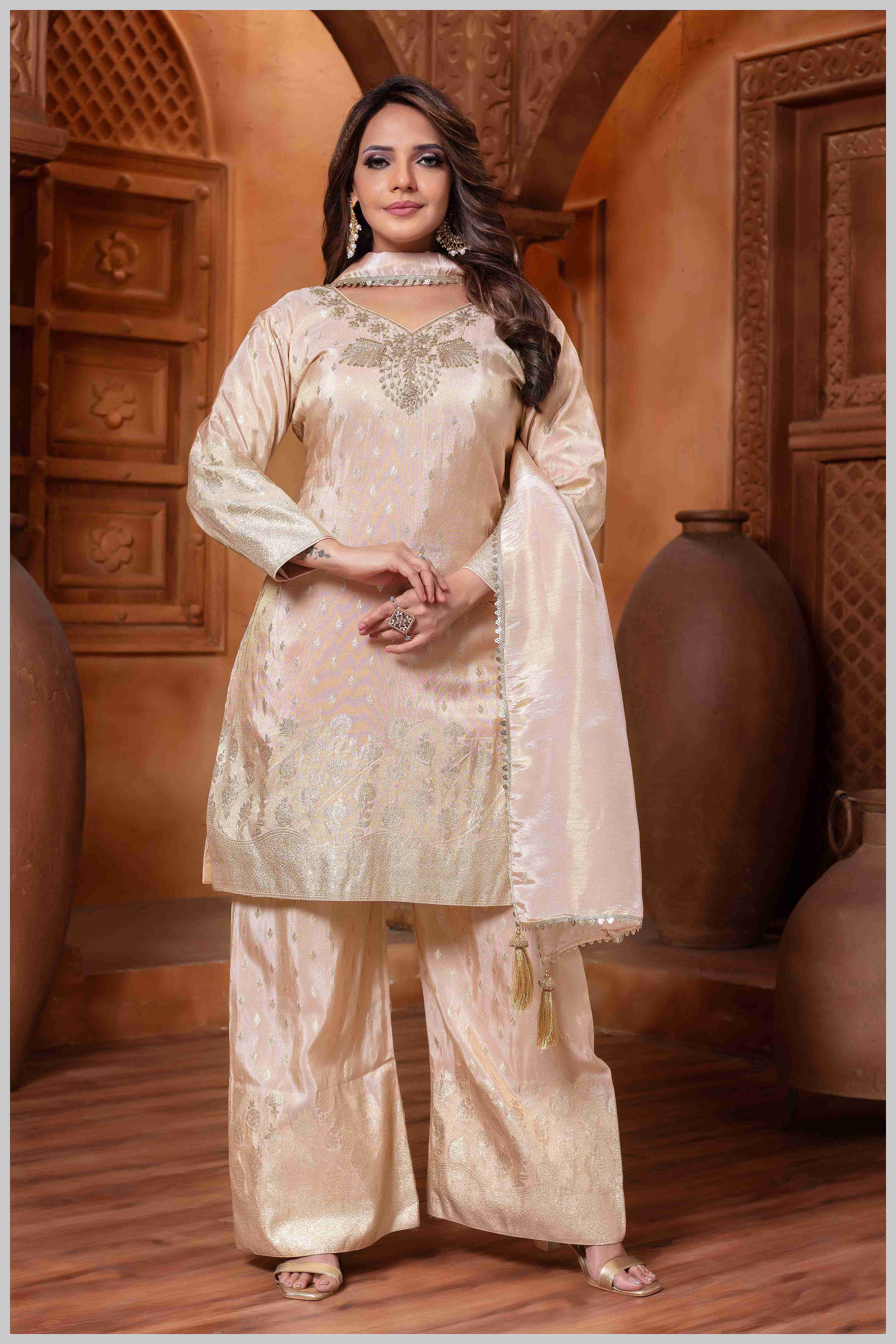 Baby pink Tissue Silk Plazo Set with Golden Zari Accents