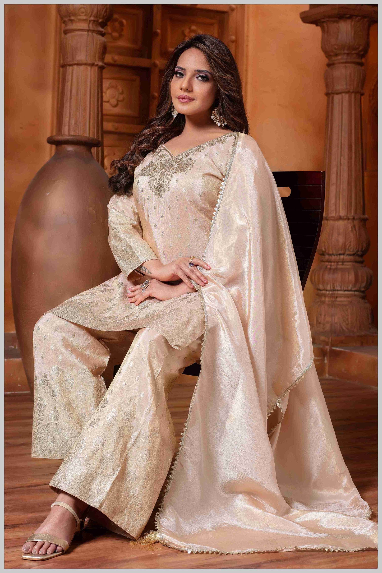 Baby pink Tissue Silk Plazo Set with Golden Zari Accents