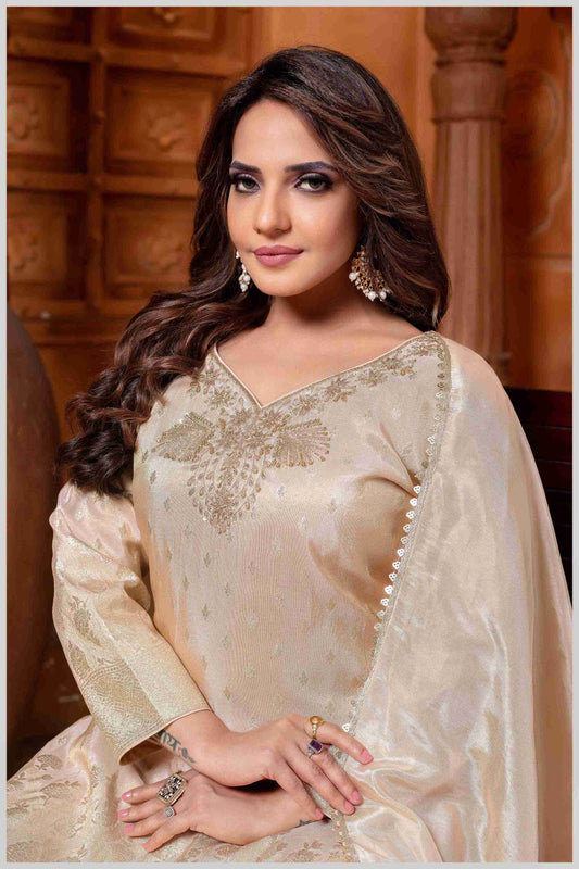 Baby pink Tissue Silk Plazo Set with Golden Zari Accents