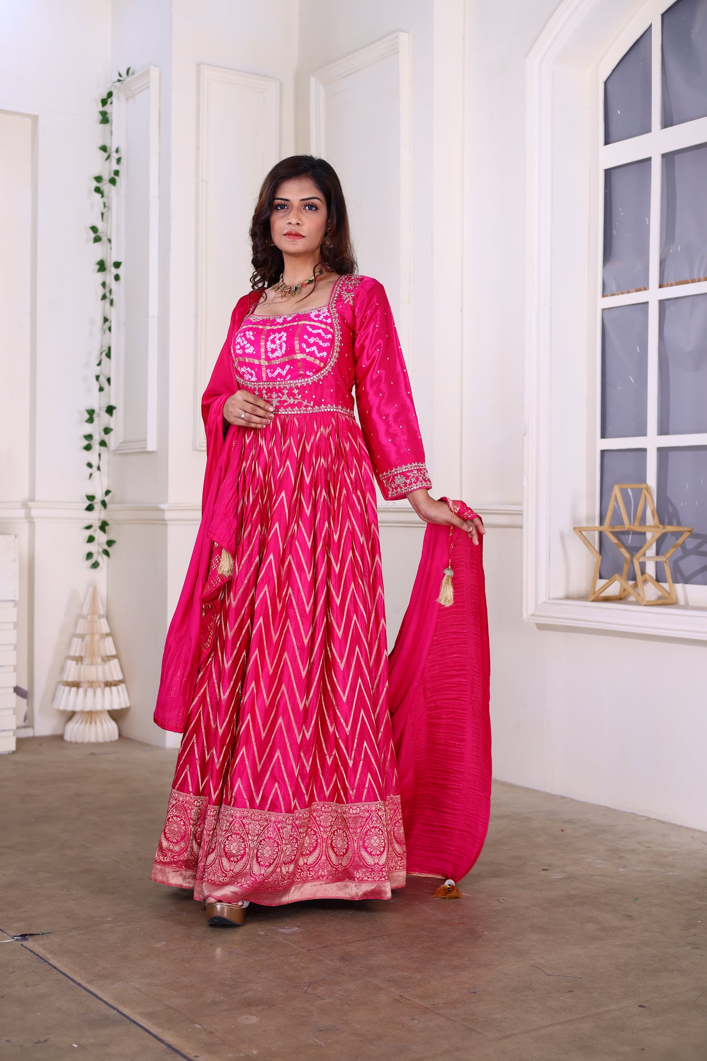 Pink Anarkali with Bandhej Motifs