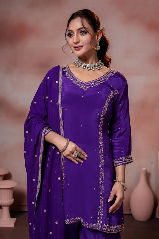 Zardozi Work Kurta Palazzo Set with Dupatta
