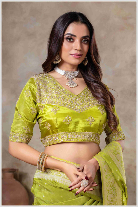 Mehendi Tissue Silk Saree with Golden Zari Weaving