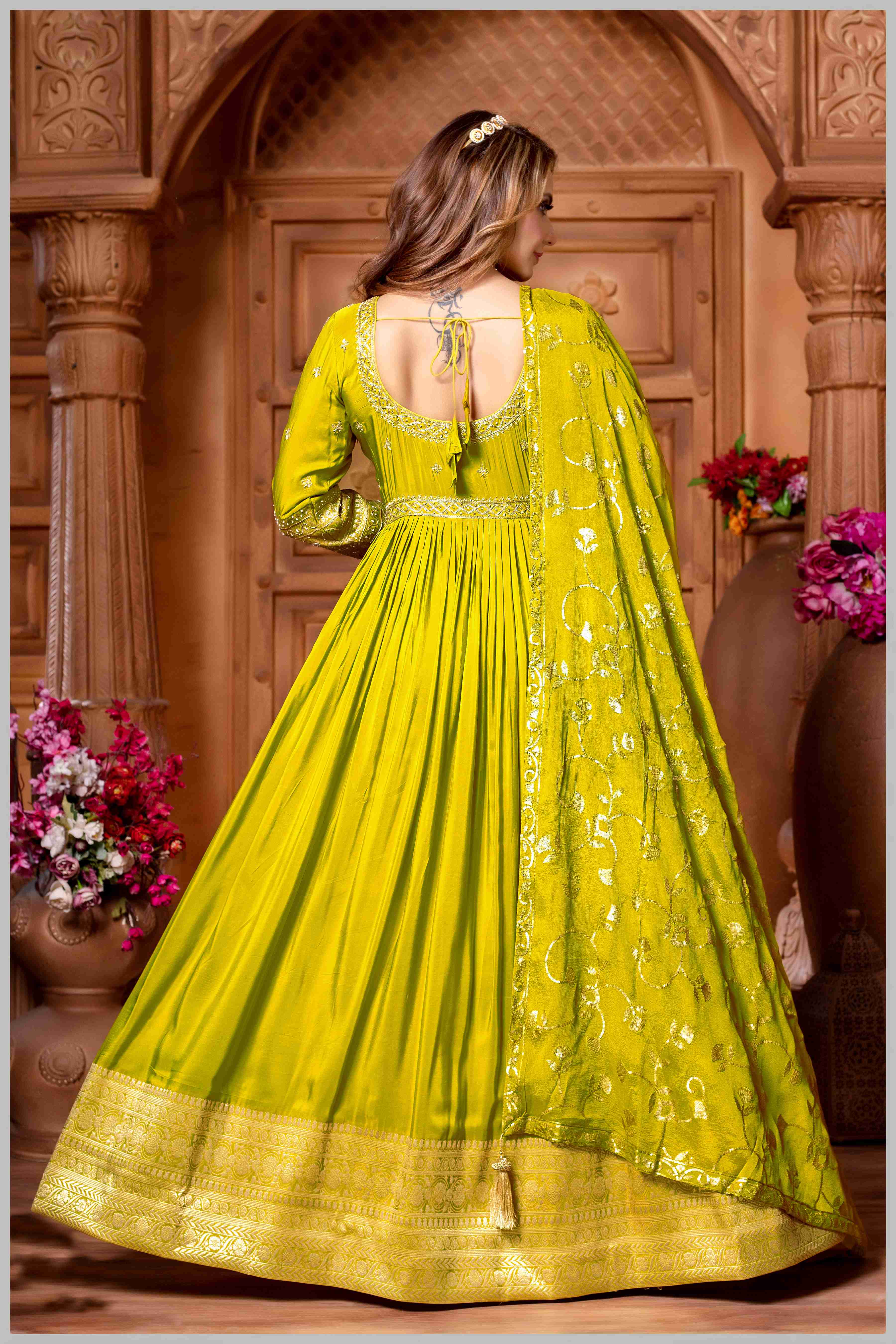 Liril Chinon/Daman Gazi Anarkali Gown with Hand Embroidery