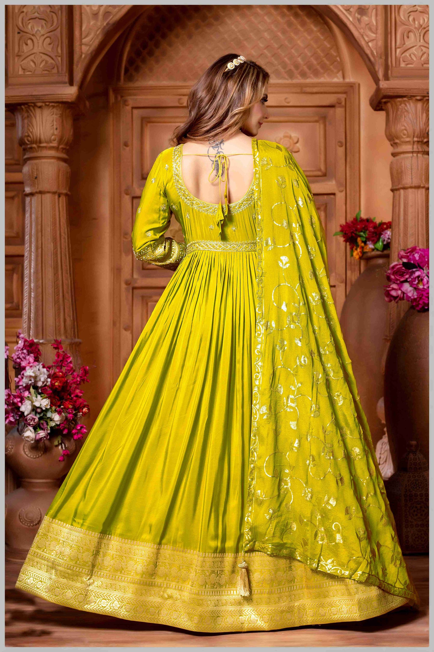 Liril Chinon/Daman Gazi Anarkali Gown with Hand Embroidery