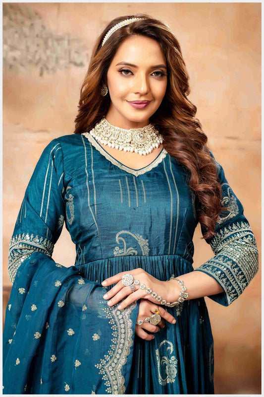 Step Into the Spotlight in This TealBlue Silk Anarkali Gown